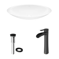 Matte Stone Wisteria Composite Oval Vessel Bathroom Sink in White with Niko Faucet and Pop-Up Drain in Matte Black