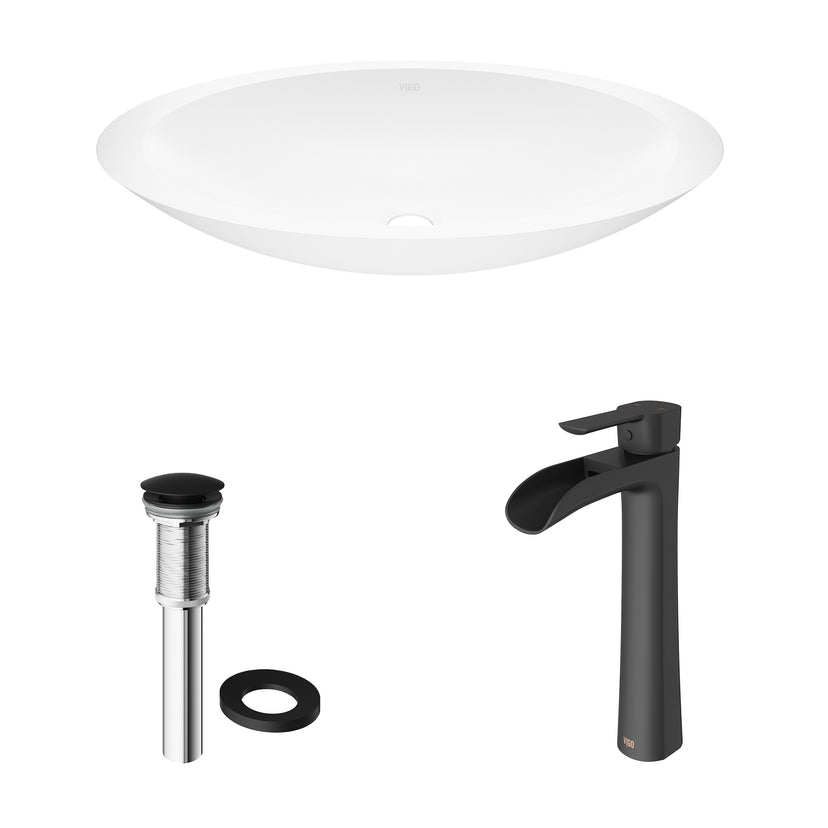 Matte Stone Wisteria Composite Oval Vessel Bathroom Sink in White with Niko Faucet and Pop-Up Drain in Matte Black