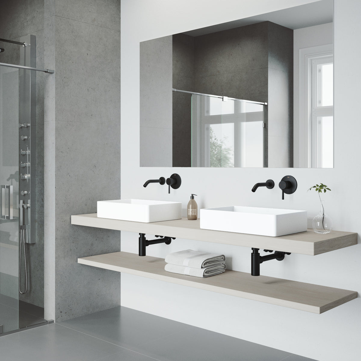 Matte Stone Magnolia Composite Rectangular Vessel Bathroom Sink in White with Faucet and Pop-Up Drain in Matte Black