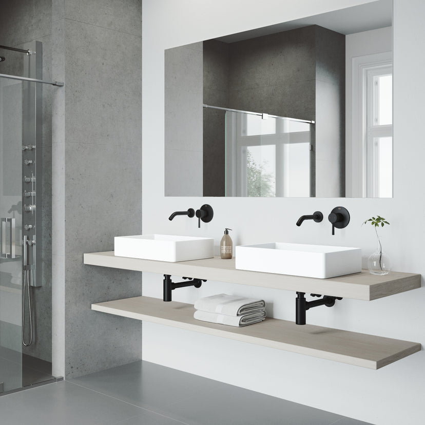 Matte Stone Magnolia Composite Rectangular Vessel Bathroom Sink in White with Faucet and Pop-Up Drain in Matte Black