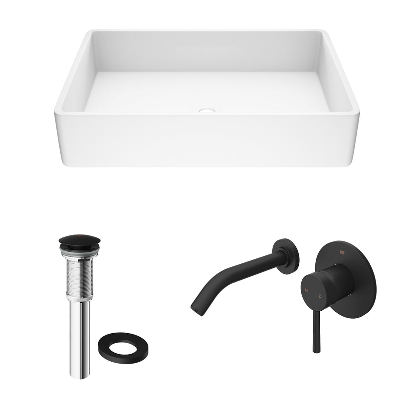 Matte Stone Magnolia Composite Rectangular Vessel Bathroom Sink in White with Faucet and Pop-Up Drain in Matte Black