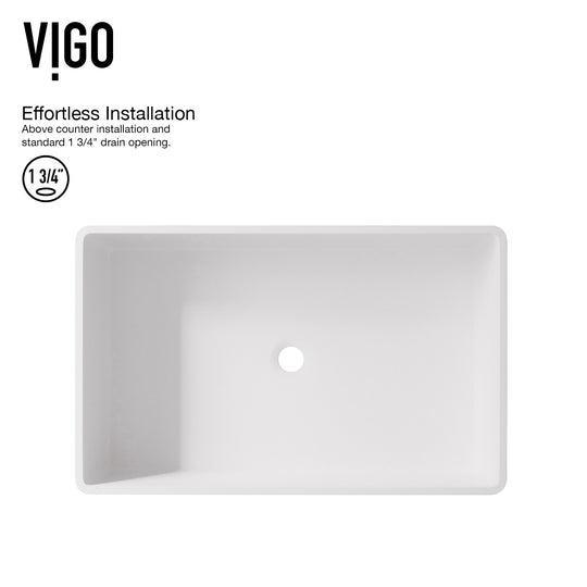 Matte Stone Magnolia Composite Rectangular Vessel Bathroom Sink in White with Faucet and Pop-Up Drain in Matte Black