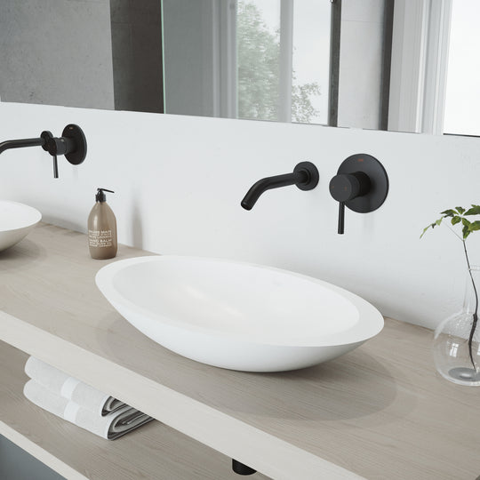 Matte Stone Wisteria Composite Oval Vessel Bathroom Sink in White with Olus Faucet and Pop-Up Drain in Matte Black