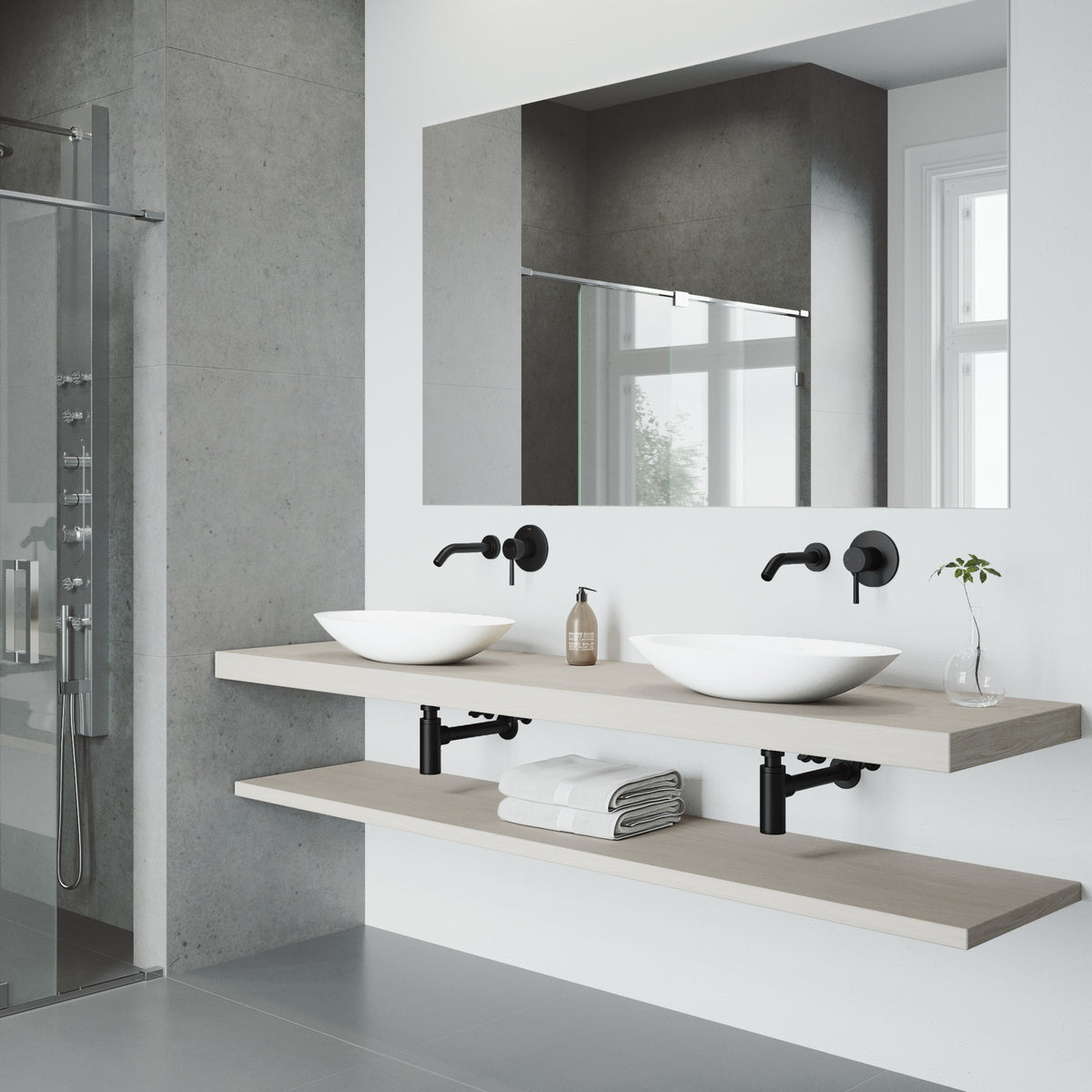 Matte Stone Wisteria Composite Oval Vessel Bathroom Sink in White with Olus Faucet and Pop-Up Drain in Matte Black