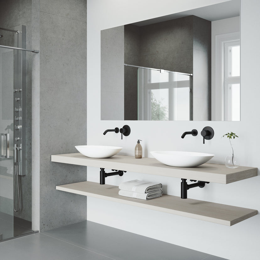 Matte Stone Wisteria Composite Oval Vessel Bathroom Sink in White with Olus Faucet and Pop-Up Drain in Matte Black
