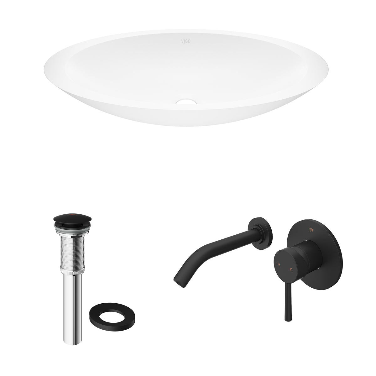 Matte Stone Wisteria Composite Oval Vessel Bathroom Sink in White with Olus Faucet and Pop-Up Drain in Matte Black