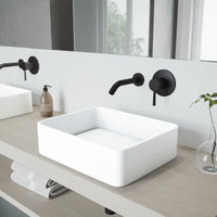 Matte Stone Jasmine Composite Rectangular Vessel Bathroom Sink in White with Olus Faucet and Pop-Up Drain in Matte Black