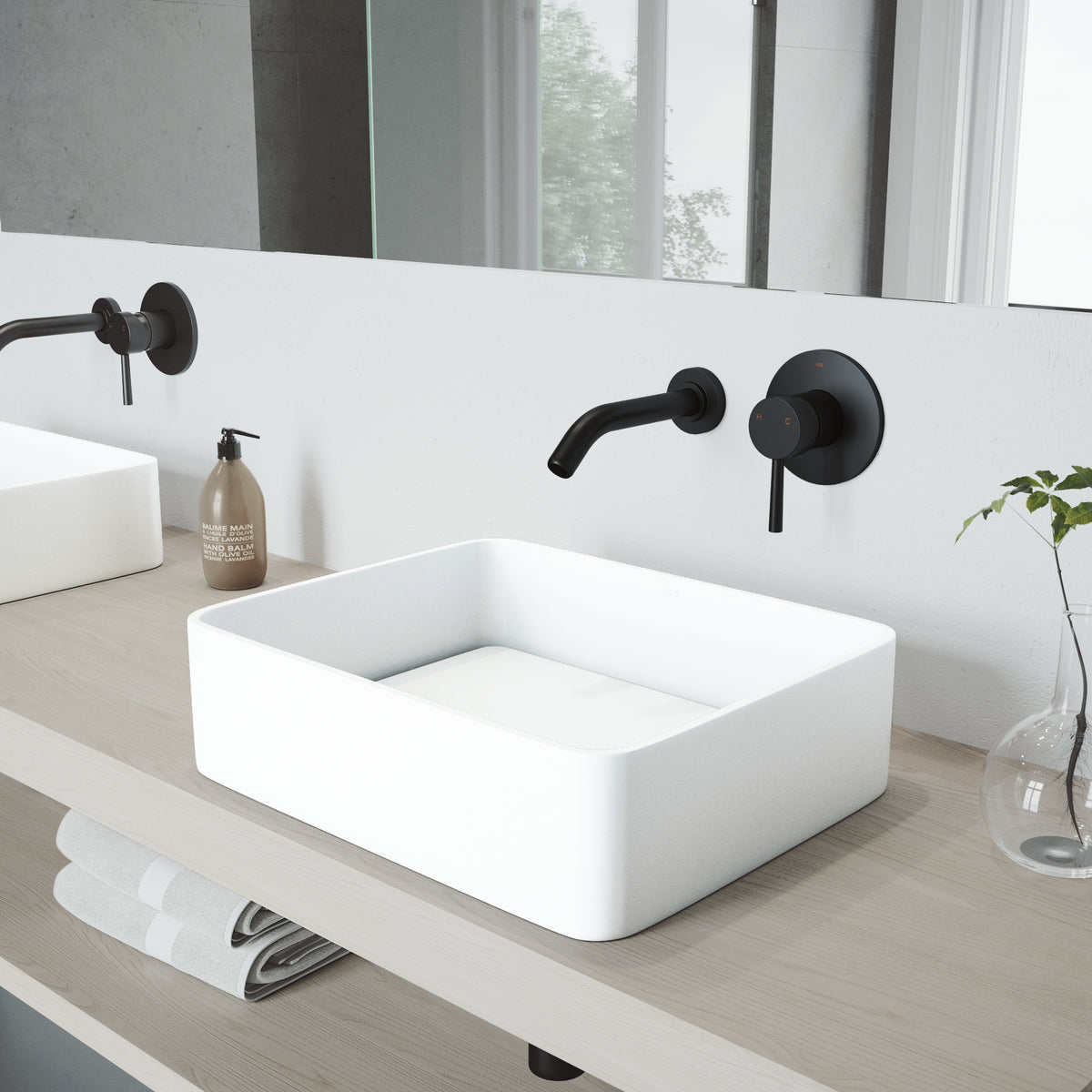 Matte Stone Jasmine Composite Rectangular Vessel Bathroom Sink in White with Olus Faucet and Pop-Up Drain in Matte Black