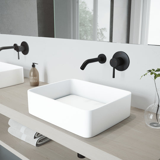 Matte Stone Jasmine Composite Rectangular Vessel Bathroom Sink in White with Olus Faucet and Pop-Up Drain in Matte Black