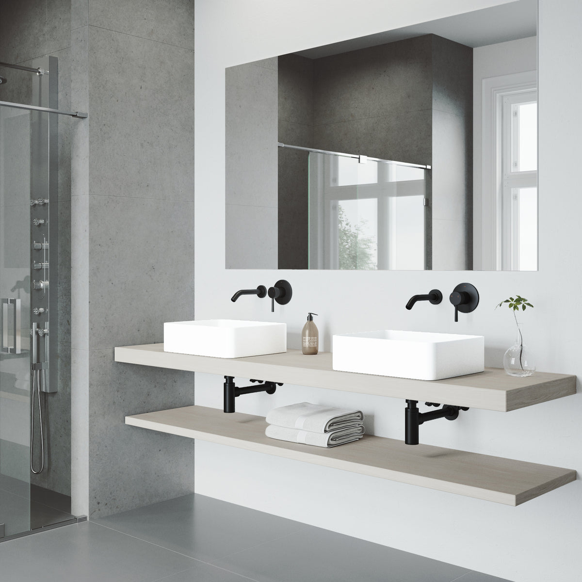 Matte Stone Jasmine Composite Rectangular Vessel Bathroom Sink in White with Olus Faucet and Pop-Up Drain in Matte Black