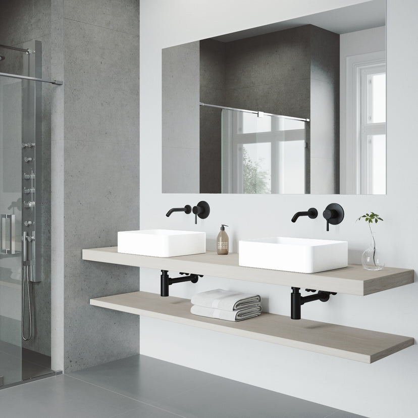 Matte Stone Jasmine Composite Rectangular Vessel Bathroom Sink in White with Olus Faucet and Pop-Up Drain in Matte Black