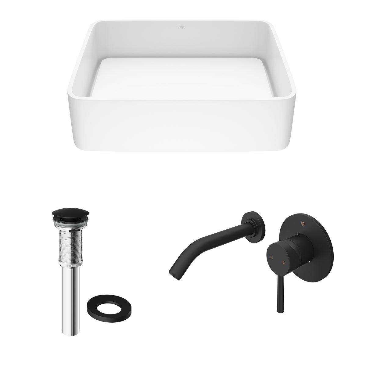 Matte Stone Jasmine Composite Rectangular Vessel Bathroom Sink in White with Olus Faucet and Pop-Up Drain in Matte Black
