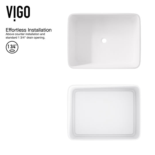 Matte Stone Jasmine Composite Rectangular Vessel Bathroom Sink in White with Olus Faucet and Pop-Up Drain in Matte Black