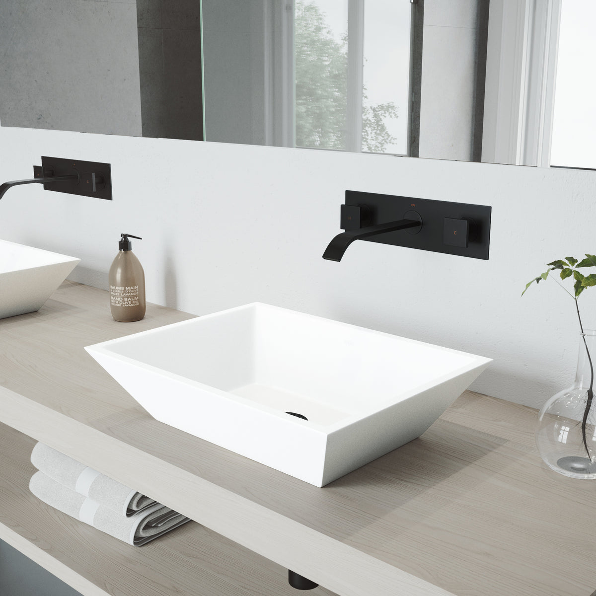 Matte Stone Vinca Composite Rectangular Vessel Bathroom Sink in White with Titus Faucet and Pop-Up Drain in Matte Black