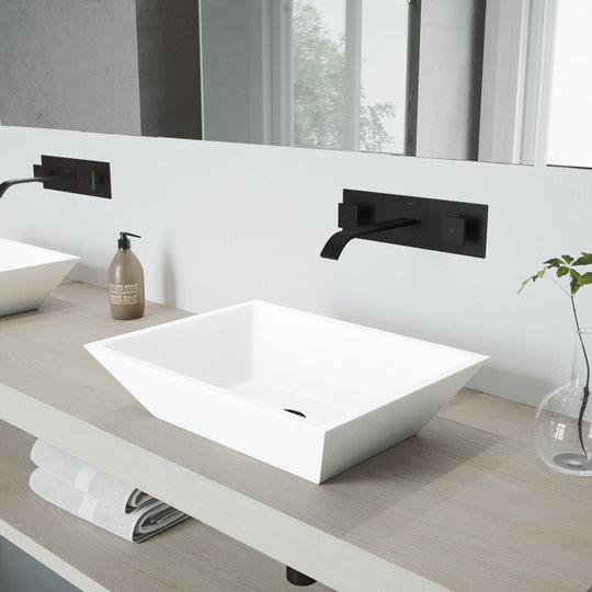 Matte Stone Vinca Composite Rectangular Vessel Bathroom Sink in White with Titus Faucet and Pop-Up Drain in Matte Black