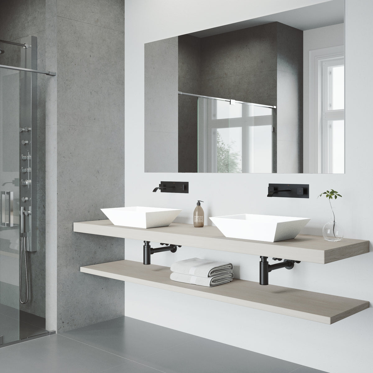 Matte Stone Vinca Composite Rectangular Vessel Bathroom Sink in White with Titus Faucet and Pop-Up Drain in Matte Black
