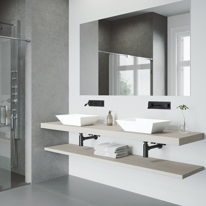 Matte Stone Vinca Composite Rectangular Vessel Bathroom Sink in White with Titus Faucet and Pop-Up Drain in Matte Black