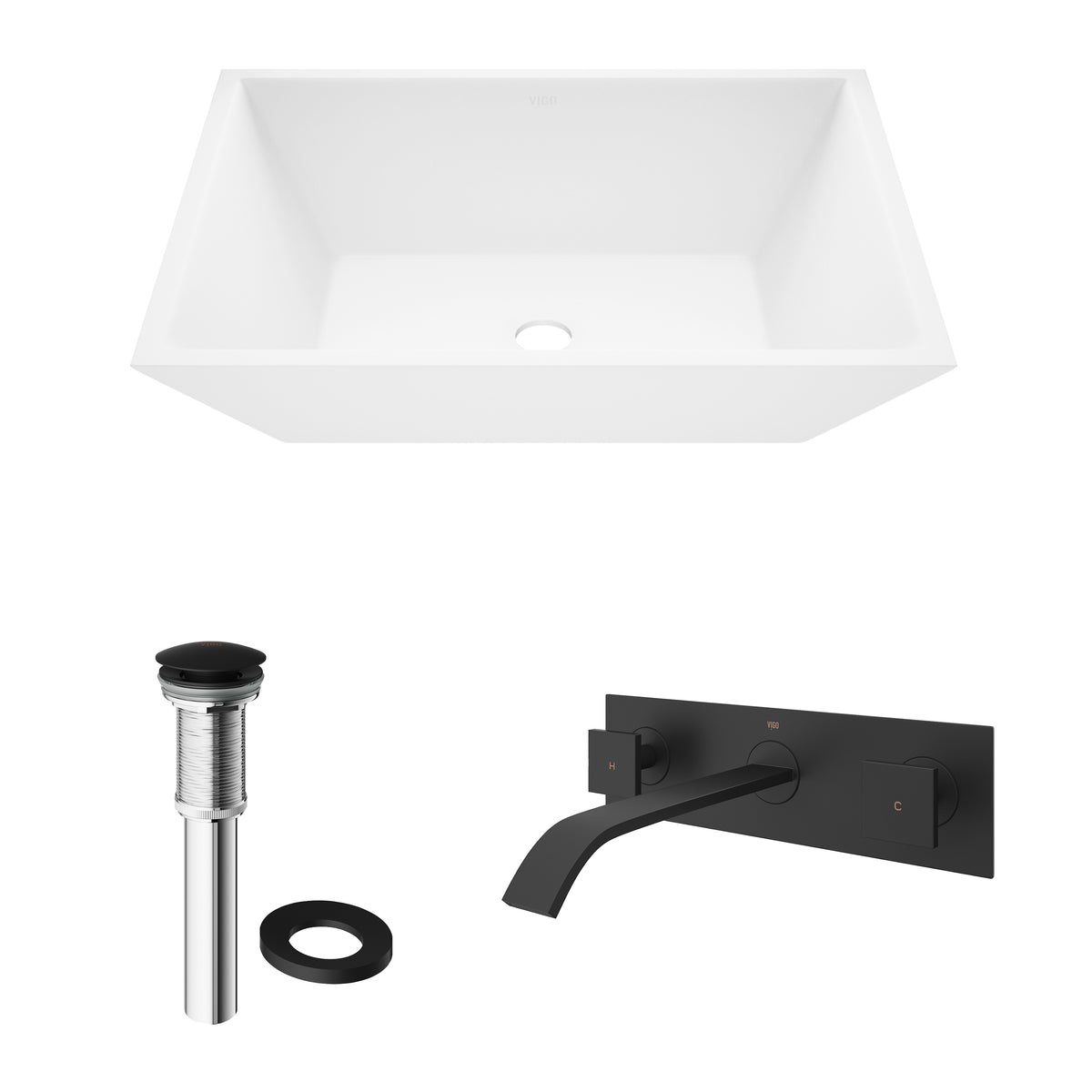 Matte Stone Vinca Composite Rectangular Vessel Bathroom Sink in White with Titus Faucet and Pop-Up Drain in Matte Black