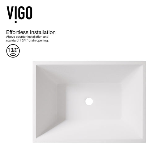 Matte Stone Vinca Composite Rectangular Vessel Bathroom Sink in White with Titus Faucet and Pop-Up Drain in Matte Black