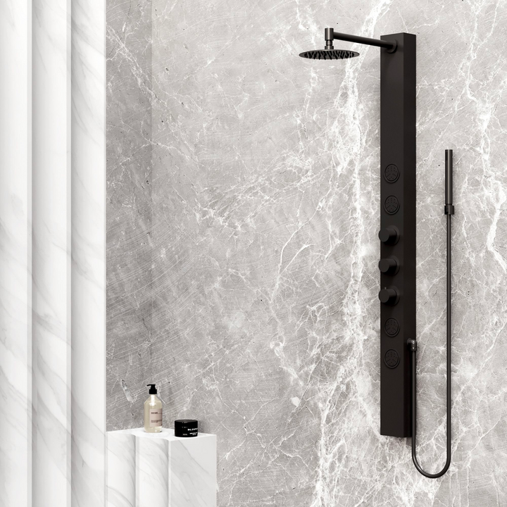 Luxury shower panel systems with rainfall shower heads and body jets