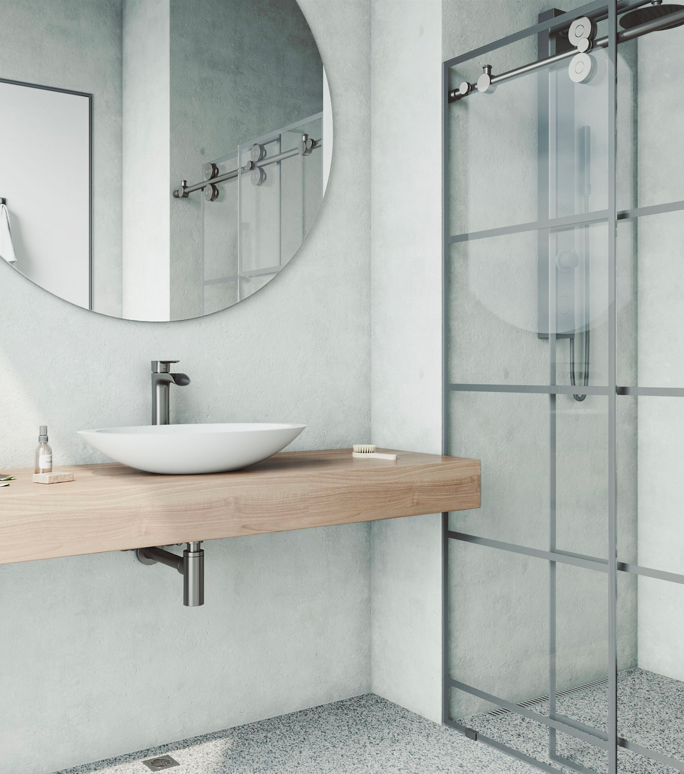 Contemporary bathroom design with frameless shower enclosure and floating vanity