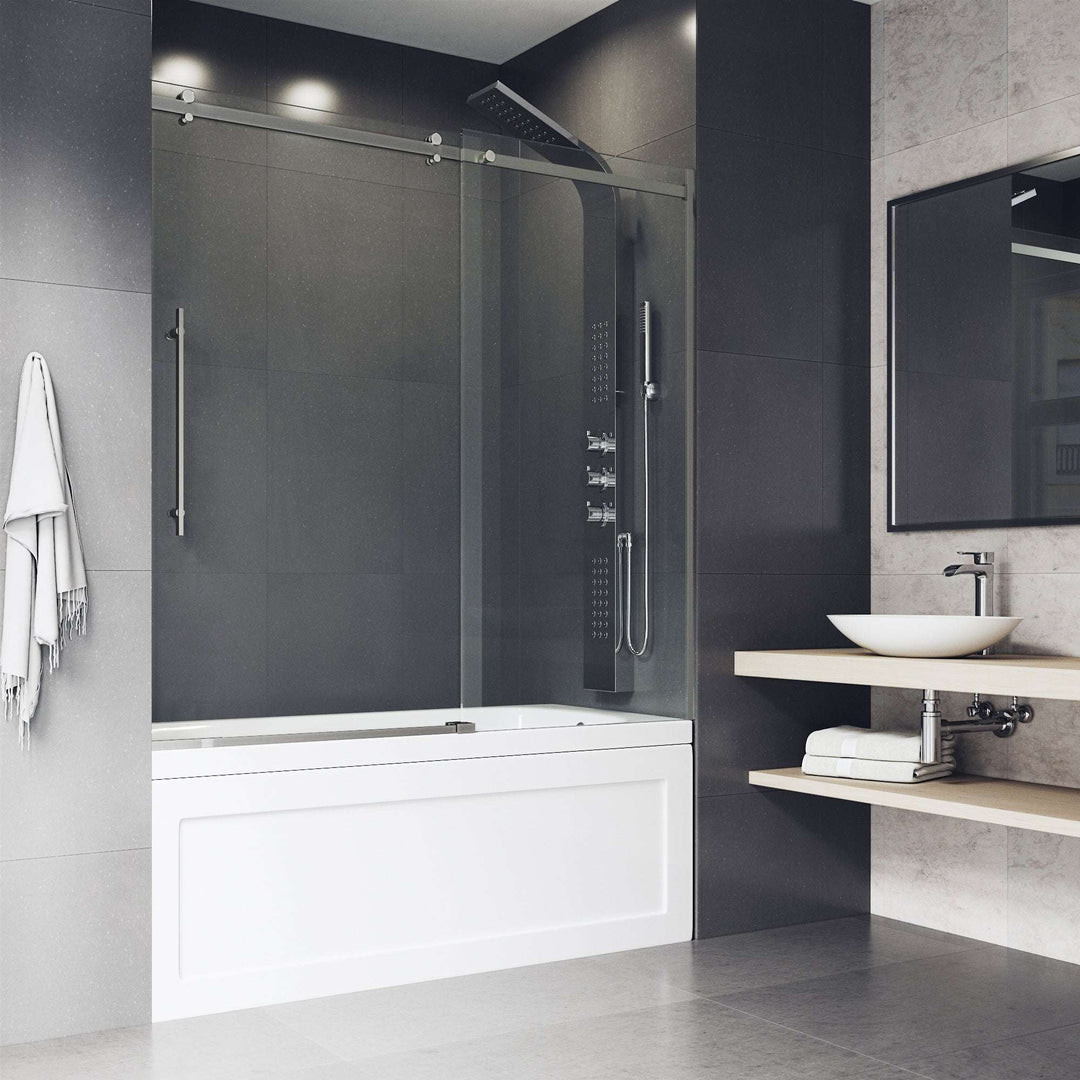 VIGO Luca frameless sliding tub door with clear tempered glass and matte brushed gold hardware